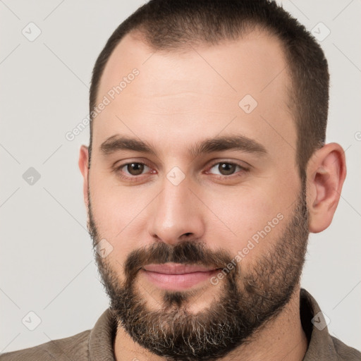 Neutral white young-adult male with short  brown hair and brown eyes