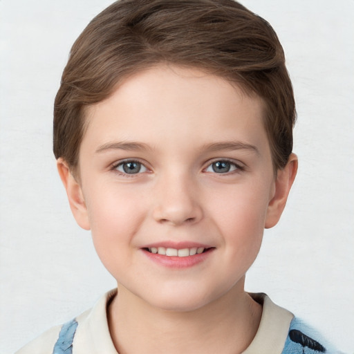 Joyful white child female with short  brown hair and grey eyes