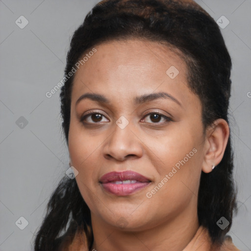 Joyful black young-adult female with medium  black hair and brown eyes
