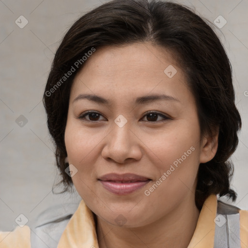 Joyful white adult female with medium  brown hair and brown eyes