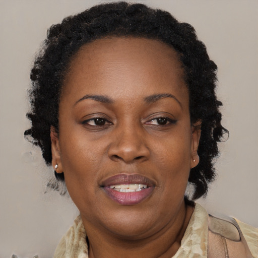 Joyful black adult female with short  brown hair and brown eyes