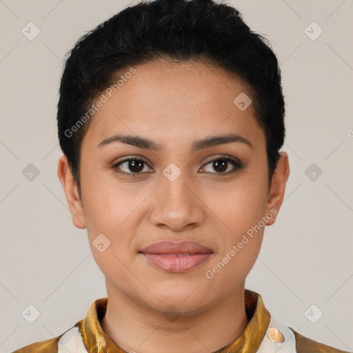 Joyful latino young-adult female with short  brown hair and brown eyes