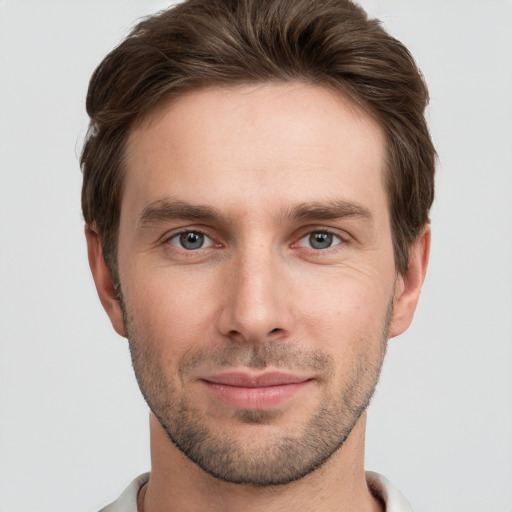 Neutral white young-adult male with short  brown hair and grey eyes