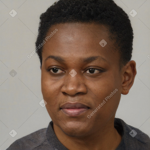 Joyful black young-adult female with short  black hair and brown eyes