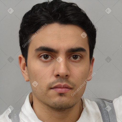 Neutral asian young-adult male with short  black hair and brown eyes