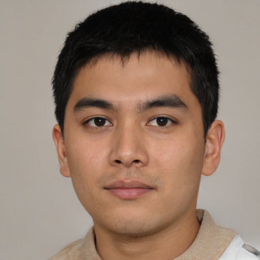 Neutral asian young-adult male with short  brown hair and brown eyes