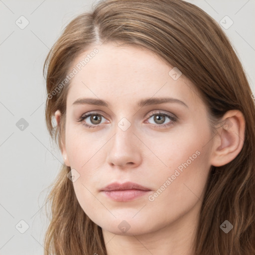 Neutral white young-adult female with long  brown hair and grey eyes