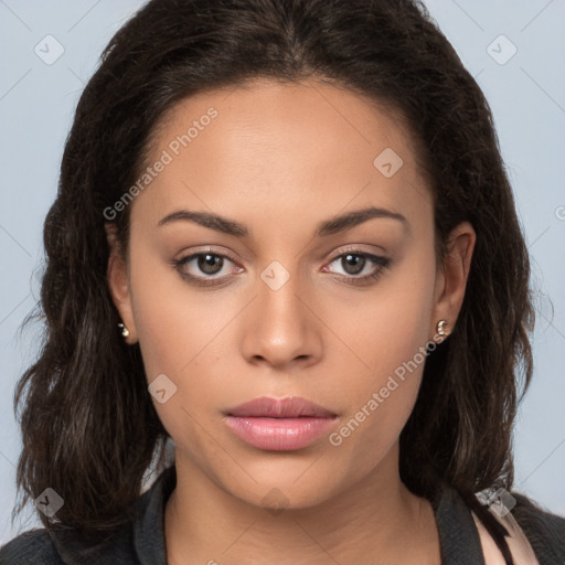 Neutral white young-adult female with long  brown hair and brown eyes