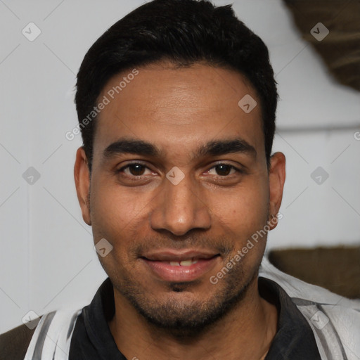 Joyful white young-adult male with short  black hair and brown eyes