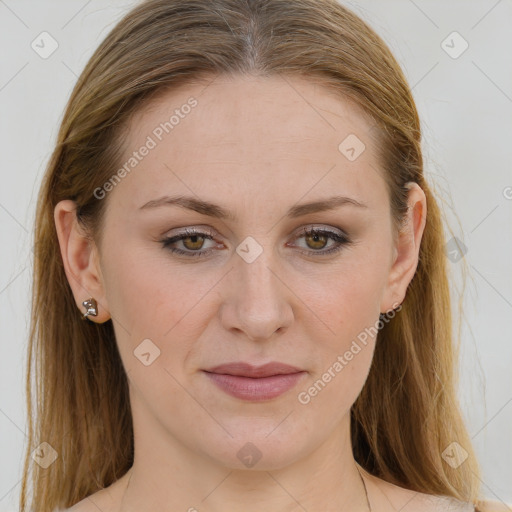 Joyful white young-adult female with medium  brown hair and blue eyes