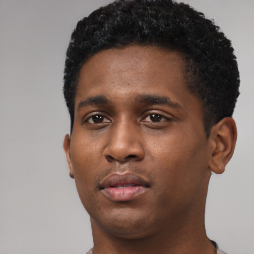 Neutral black young-adult male with short  black hair and brown eyes