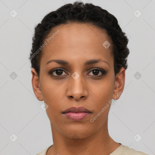 Neutral latino young-adult female with short  black hair and brown eyes