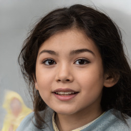 Joyful white child female with medium  brown hair and brown eyes