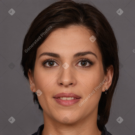 Joyful white young-adult female with medium  brown hair and brown eyes