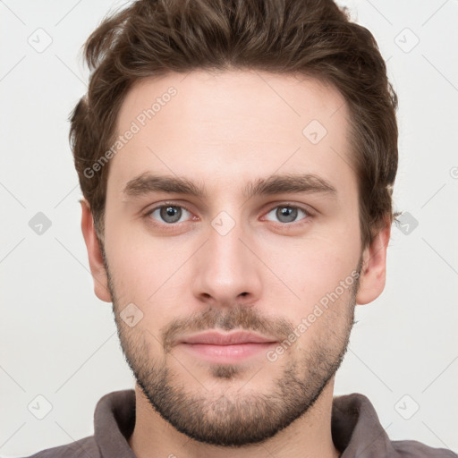 Neutral white young-adult male with short  brown hair and grey eyes