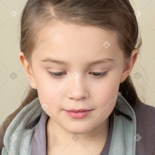 Joyful white child female with medium  brown hair and brown eyes