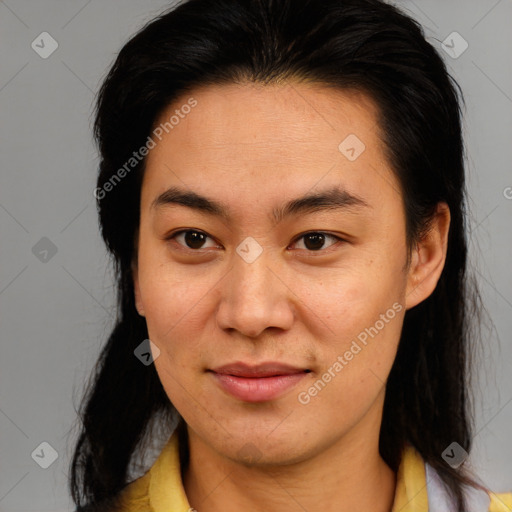 Joyful asian young-adult female with medium  brown hair and brown eyes