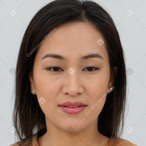 Joyful asian young-adult female with medium  brown hair and brown eyes