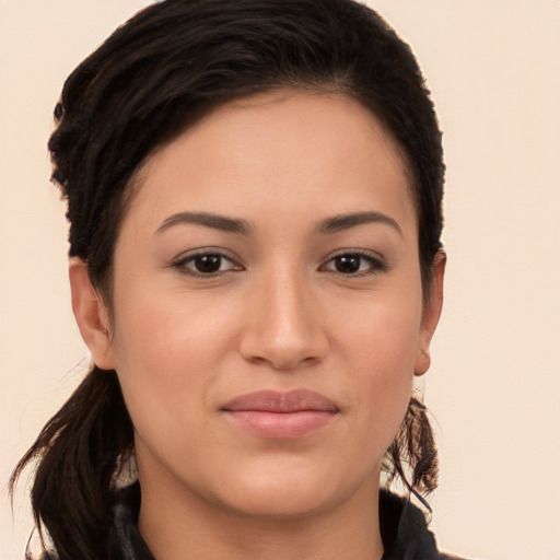 Joyful white young-adult female with long  brown hair and brown eyes