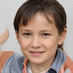 Joyful white child female with short  brown hair and brown eyes