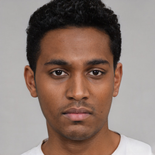 Neutral black young-adult male with short  black hair and brown eyes