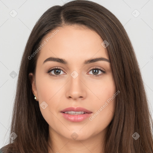 Neutral white young-adult female with long  brown hair and brown eyes