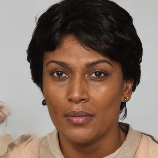 Neutral asian adult female with short  black hair and brown eyes