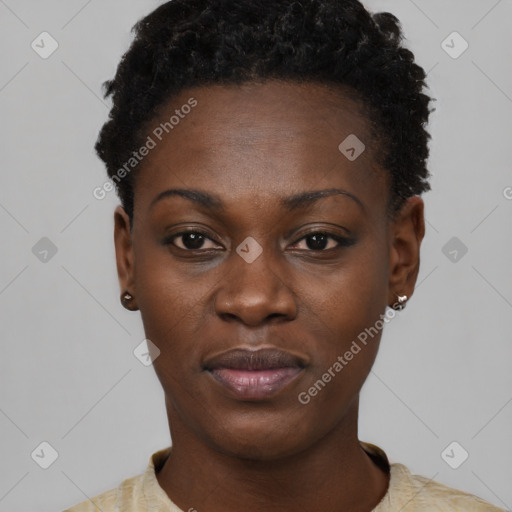 Neutral black young-adult female with short  black hair and brown eyes