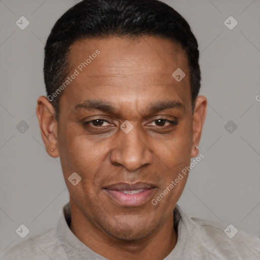 Joyful black adult male with short  brown hair and brown eyes