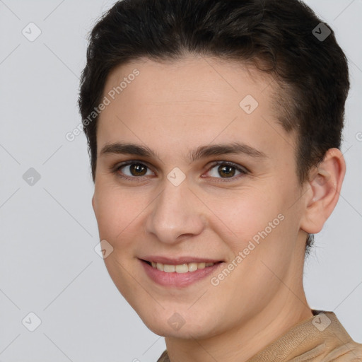 Joyful white young-adult female with short  brown hair and brown eyes