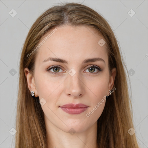 Joyful white young-adult female with long  brown hair and brown eyes