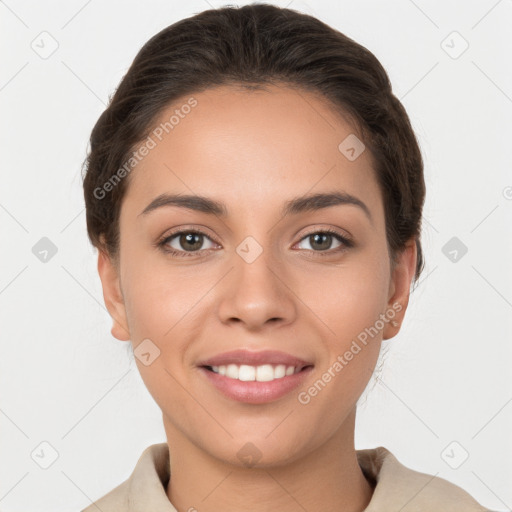 Joyful white young-adult female with short  brown hair and brown eyes