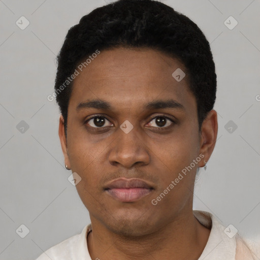 Neutral black young-adult male with short  black hair and brown eyes