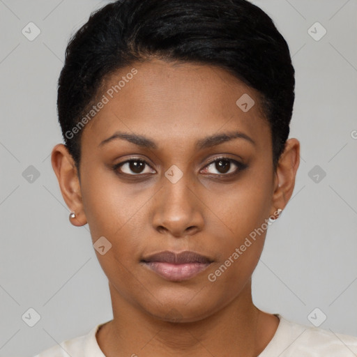 Neutral black young-adult female with short  black hair and brown eyes