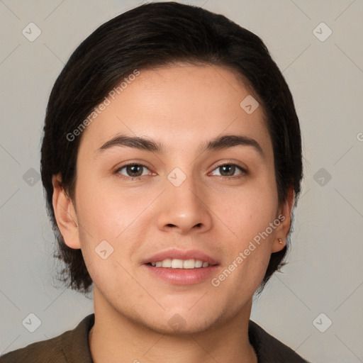 Joyful white young-adult female with medium  brown hair and brown eyes