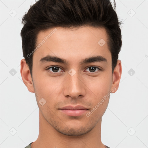 Neutral white young-adult male with short  brown hair and brown eyes