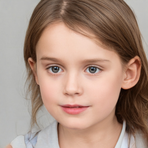 Neutral white child female with medium  brown hair and grey eyes