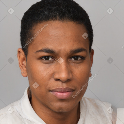 Joyful black young-adult male with short  black hair and brown eyes