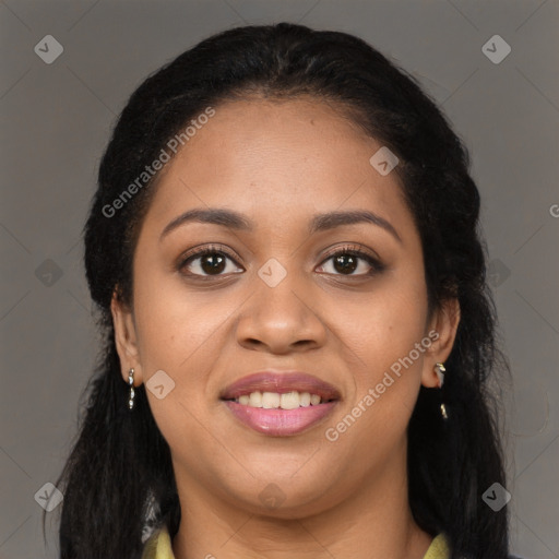 Joyful latino young-adult female with long  brown hair and brown eyes