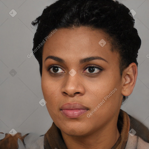 Neutral black young-adult female with short  black hair and brown eyes