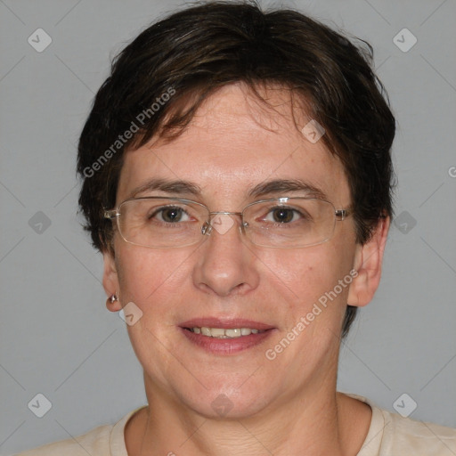 Joyful white adult female with short  brown hair and brown eyes