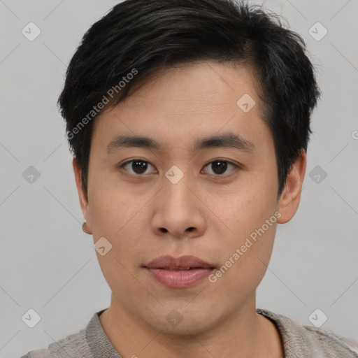 Neutral asian young-adult male with short  brown hair and brown eyes