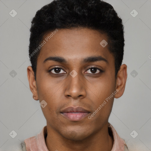 Neutral latino young-adult male with short  black hair and brown eyes