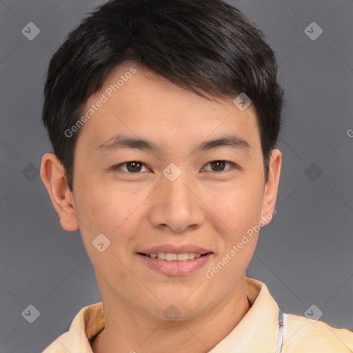 Joyful asian young-adult male with short  brown hair and brown eyes