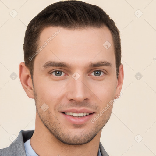 Joyful white young-adult male with short  brown hair and brown eyes