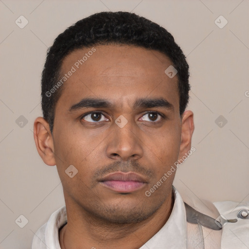 Neutral latino young-adult male with short  black hair and brown eyes