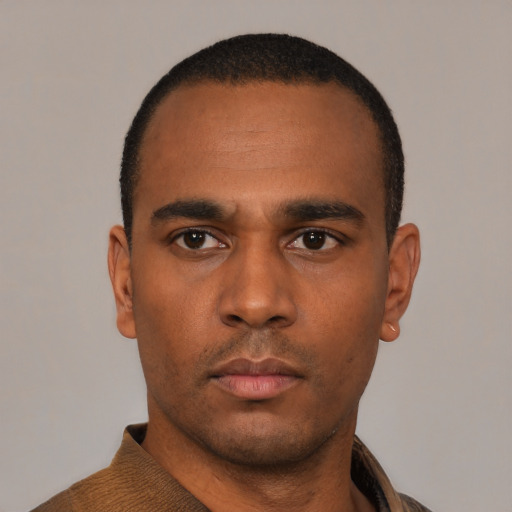 Neutral black young-adult male with short  black hair and brown eyes