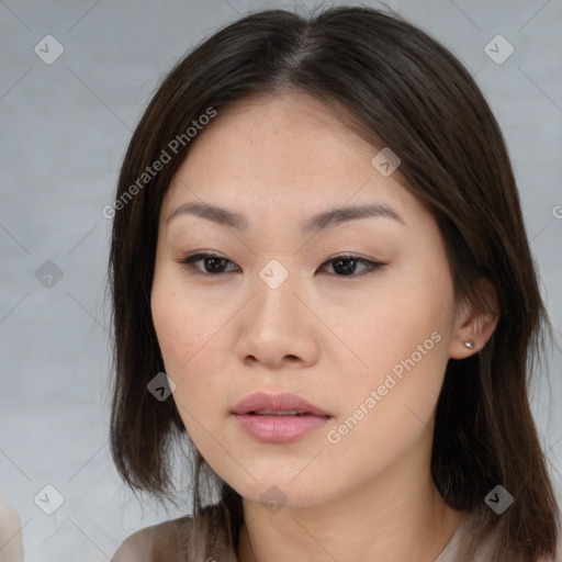 Neutral white young-adult female with medium  brown hair and brown eyes