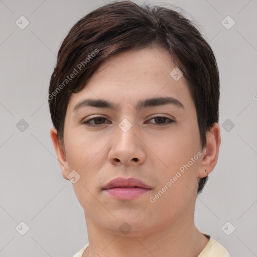 Neutral asian young-adult female with short  brown hair and brown eyes