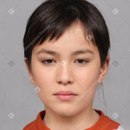 Neutral white young-adult female with short  brown hair and brown eyes